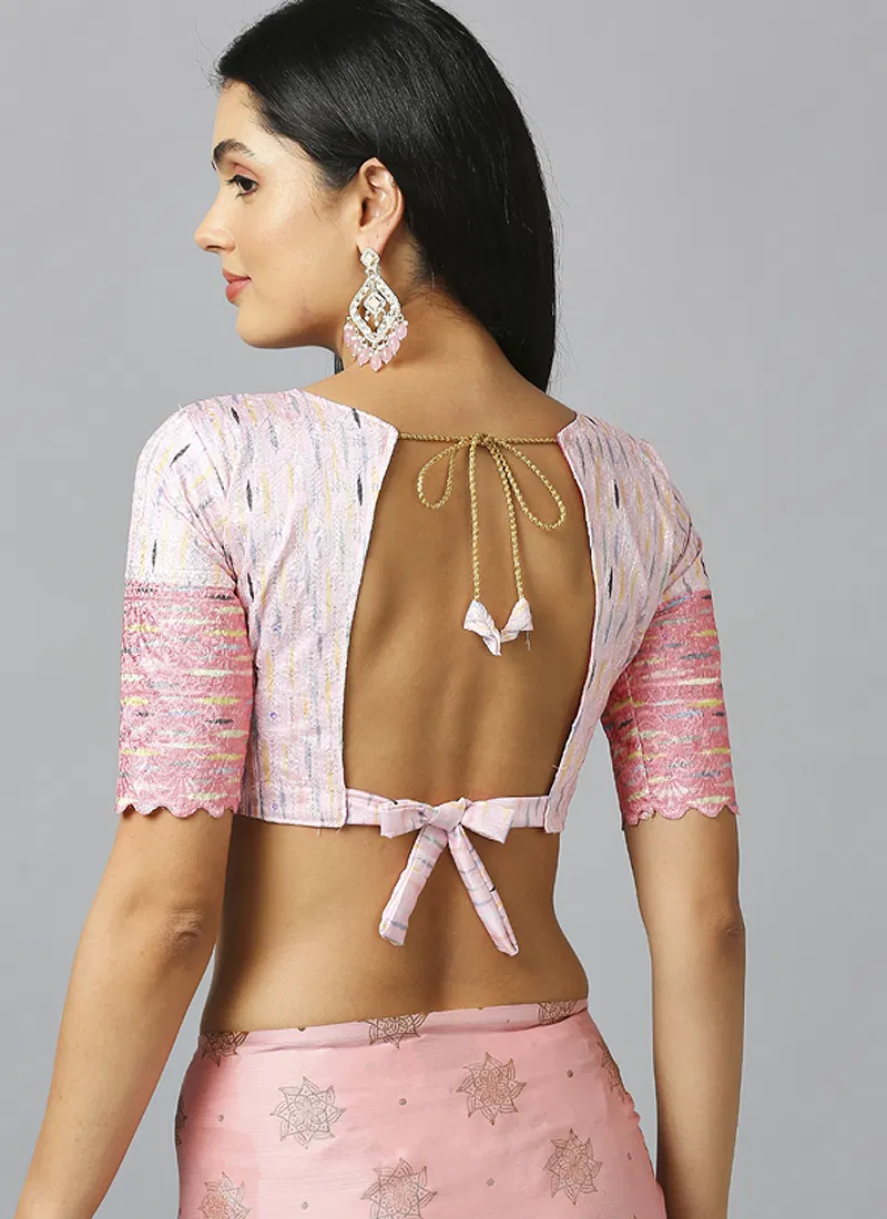 Baby Pink Embellished Schiffli Pure Chiffon Saree With Blouse