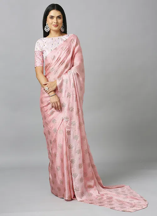 Baby Pink Embellished Schiffli Pure Chiffon Saree With Blouse