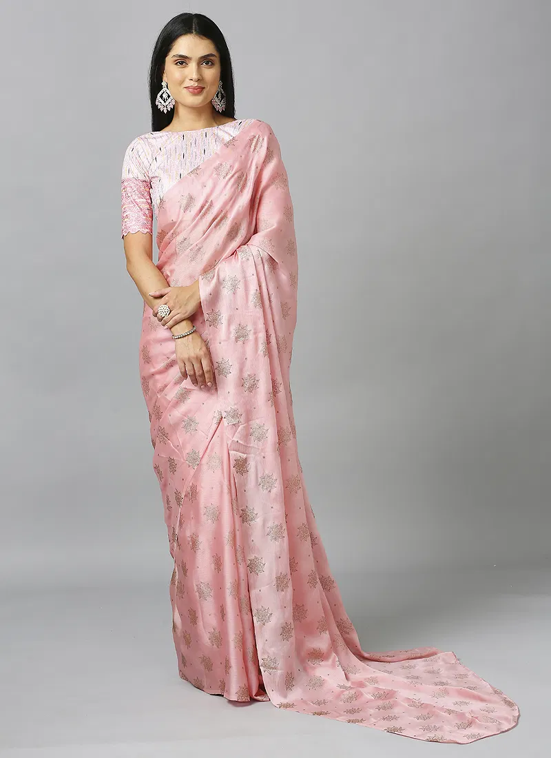 Baby Pink Embellished Schiffli Pure Chiffon Saree With Blouse