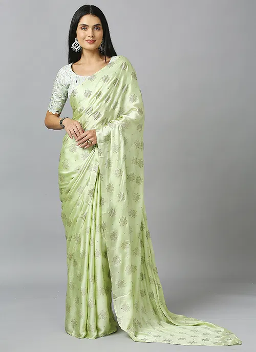 Light Green Embellished Ethnic Motifs Pure Chiffon Saree With Blouse