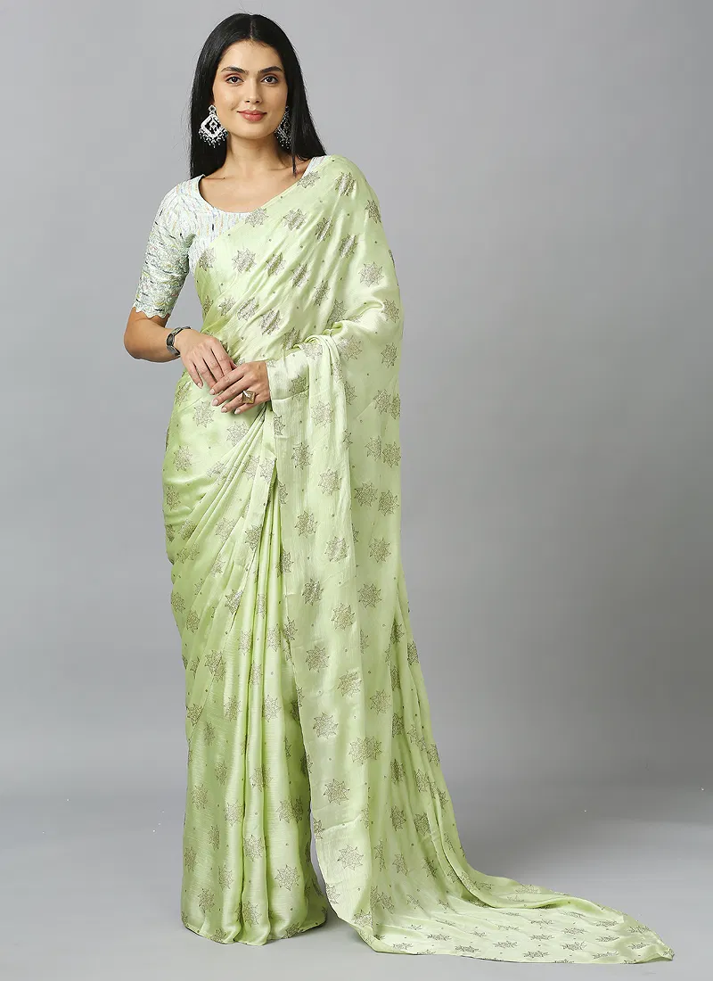 Light Green Embellished Ethnic Motifs Pure Chiffon Saree With Blouse