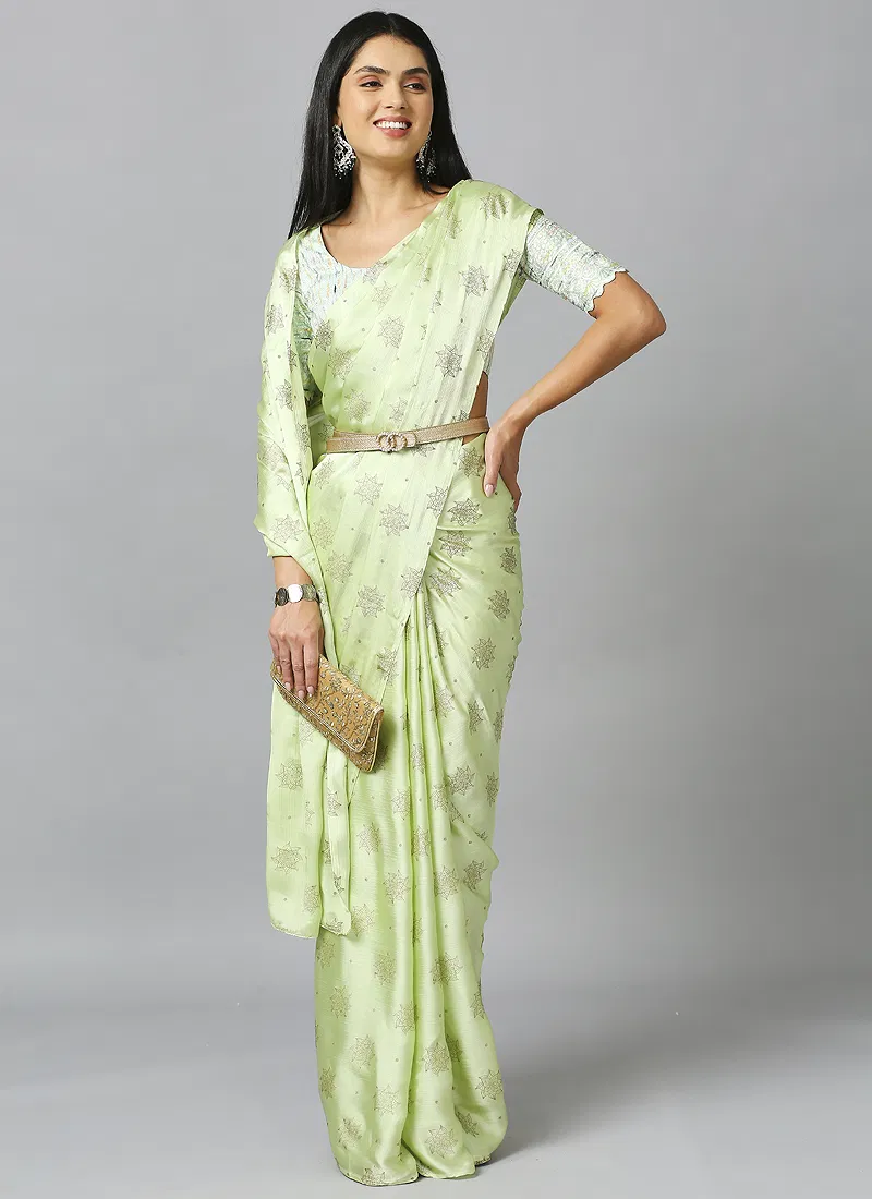 Light Green Embellished Ethnic Motifs Pure Chiffon Saree With Blouse