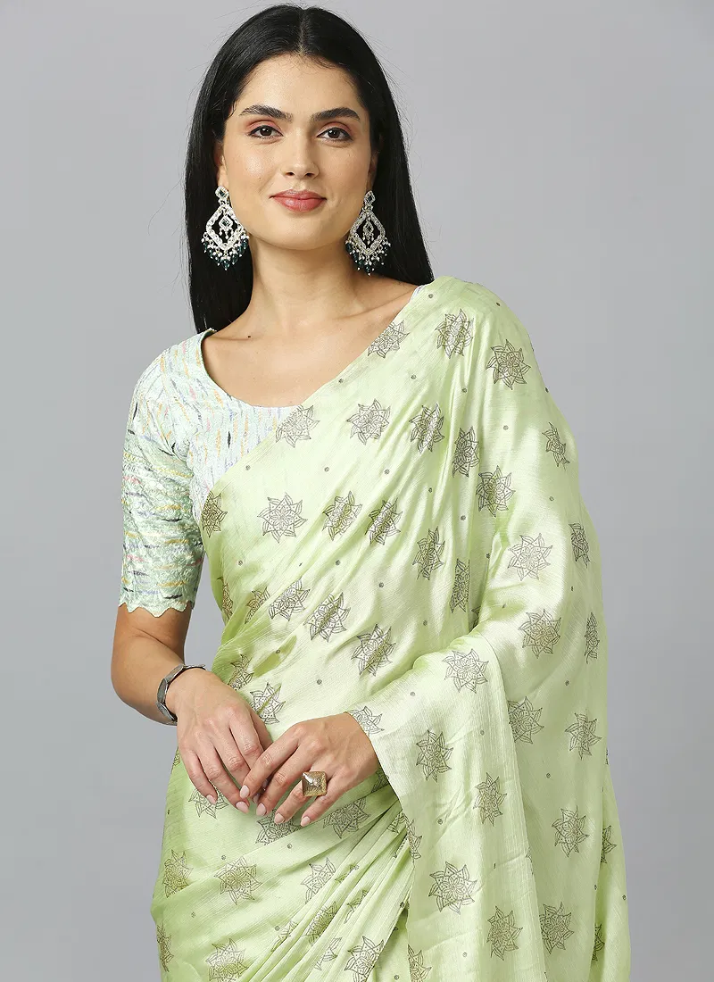 Light Green Embellished Ethnic Motifs Pure Chiffon Saree With Blouse
