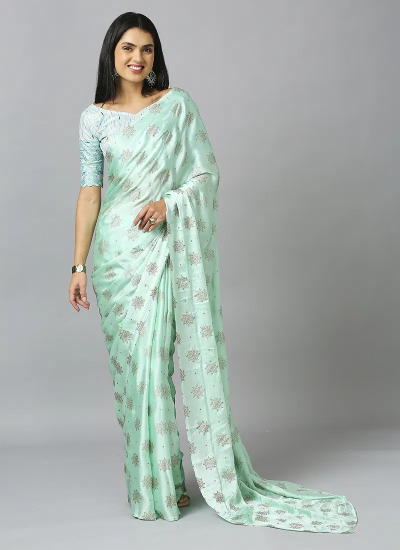 Sea Green Ethnic Motif Pure Chiffon Saree With Blouse