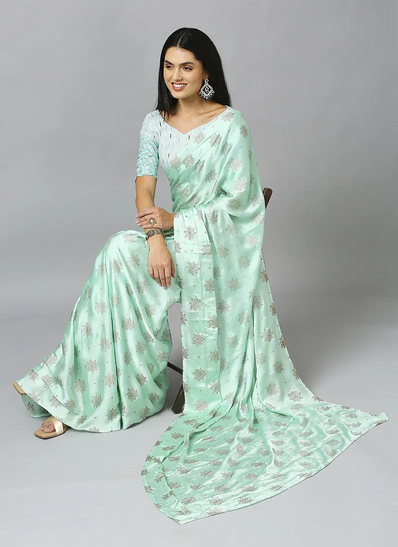 Sea Green Ethnic Motif Pure Chiffon Saree With Blouse