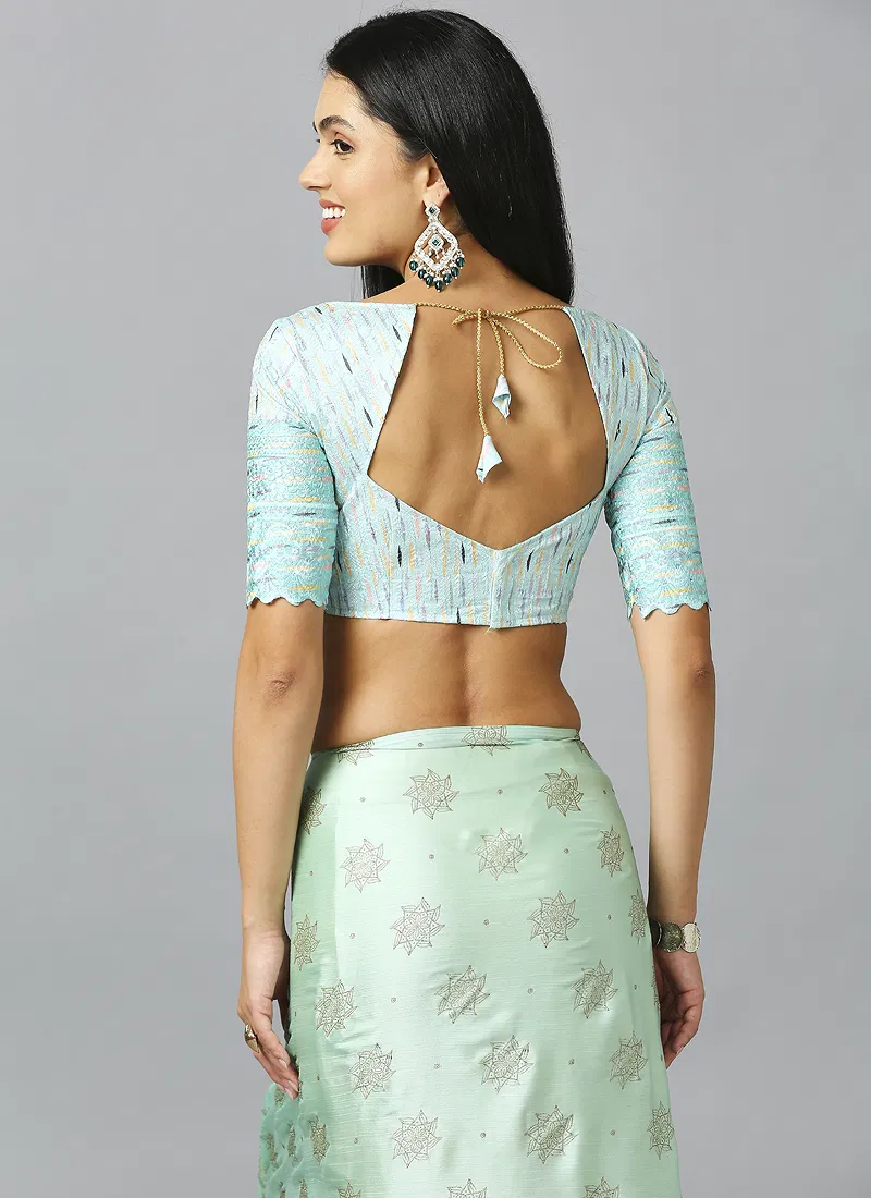 Sea Green Ethnic Motif Pure Chiffon Saree With Blouse