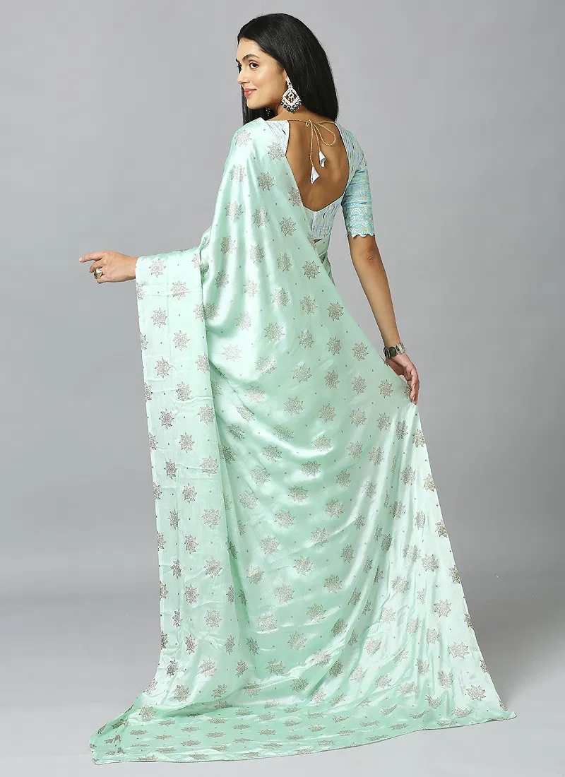 Sea Green Ethnic Motif Pure Chiffon Saree With Blouse