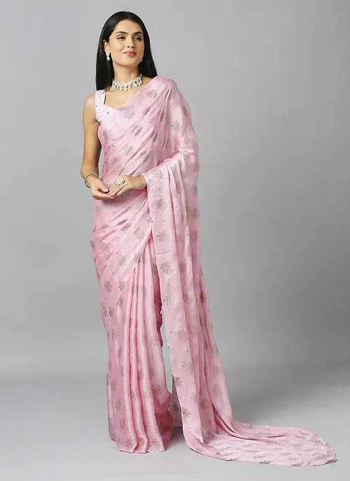 Pink Ethnic Schiffli Pure Chiffon Saree With Blouse