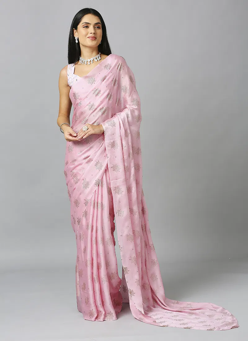 Pink Ethnic Schiffli Pure Chiffon Saree With Blouse