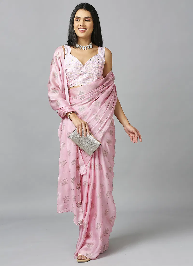 Pink Ethnic Schiffli Pure Chiffon Saree With Blouse