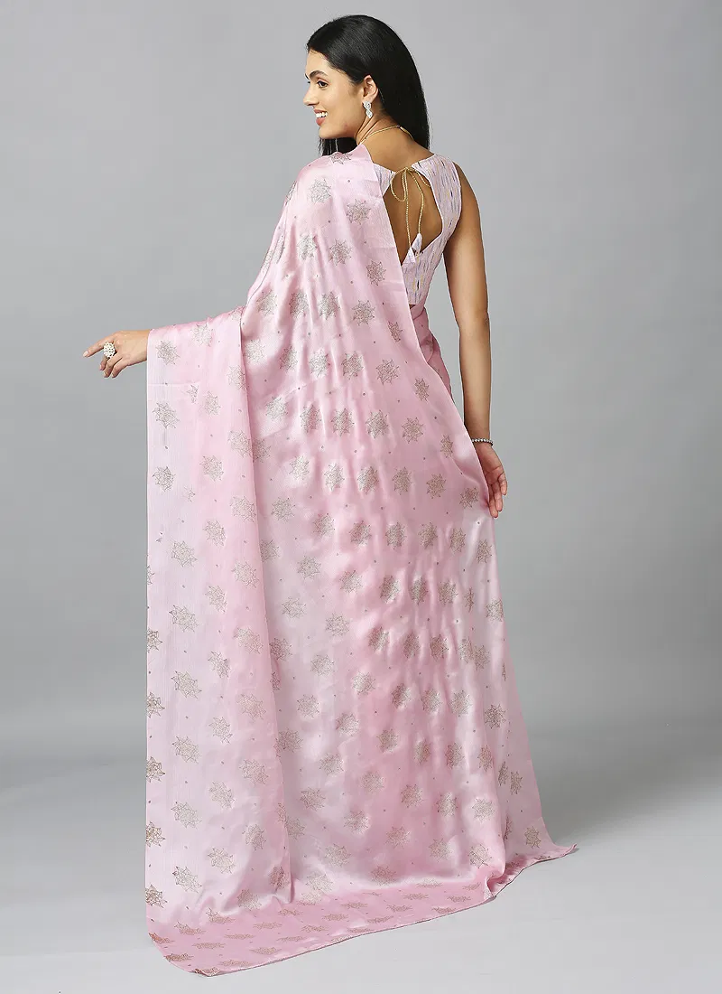 Pink Ethnic Schiffli Pure Chiffon Saree With Blouse