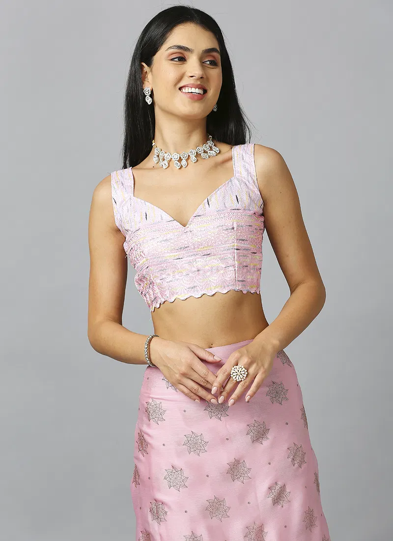 Pink Ethnic Schiffli Pure Chiffon Saree With Blouse