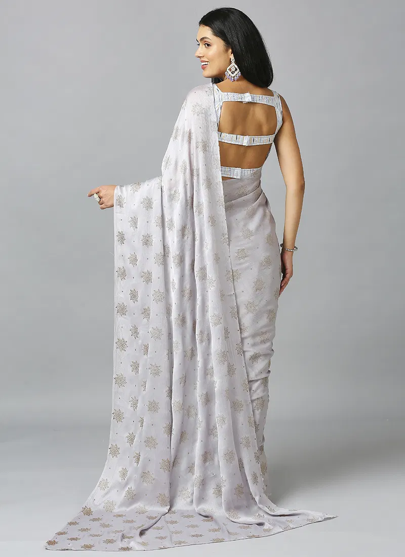 Silver Ethnic Floral Pure Chiffon Saree With Blouse