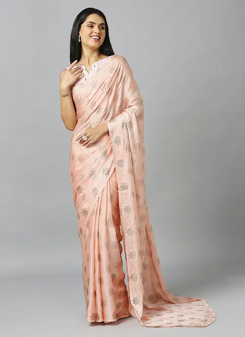 Peach Ethnic Motifs Pure Chiffon Saree With Blouse