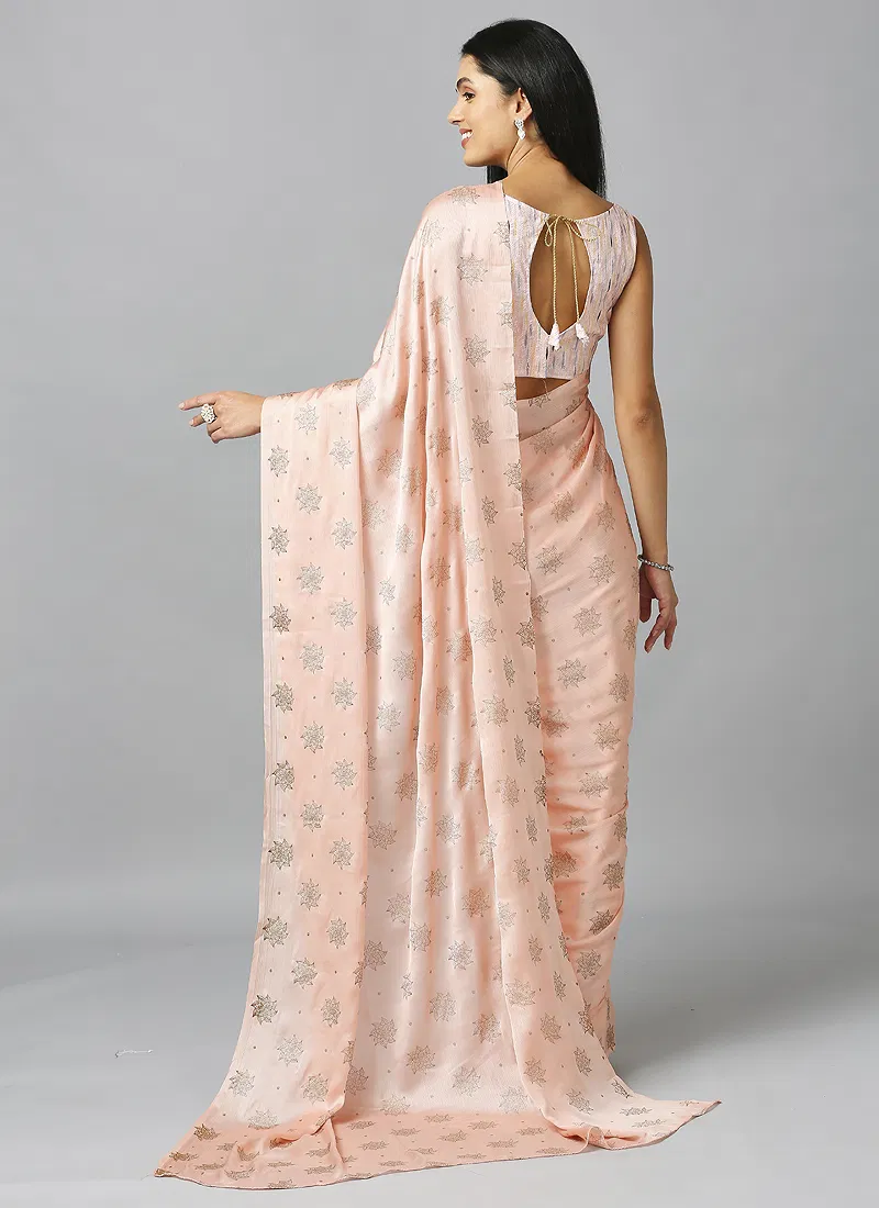 Peach Ethnic Motifs Pure Chiffon Saree With Blouse