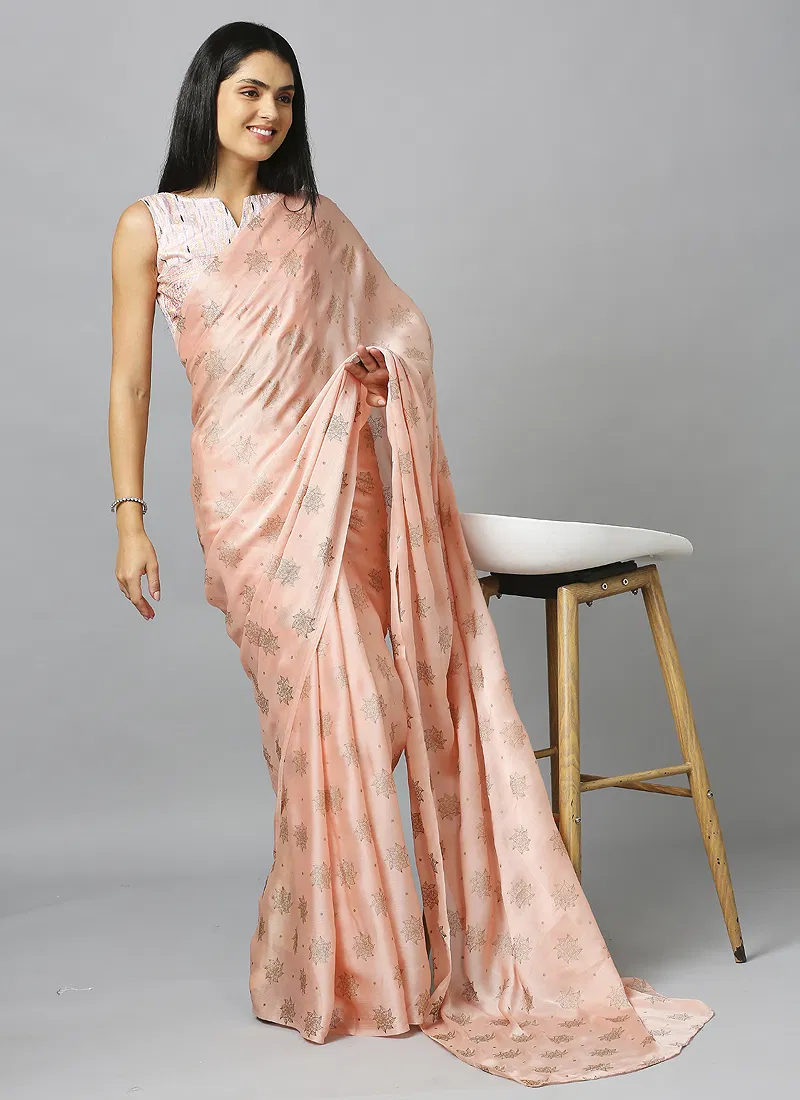 Peach Ethnic Motifs Pure Chiffon Saree With Blouse