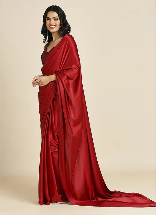 Red Silk Blend Saree With Lycra Sequins Unstitch Blouse