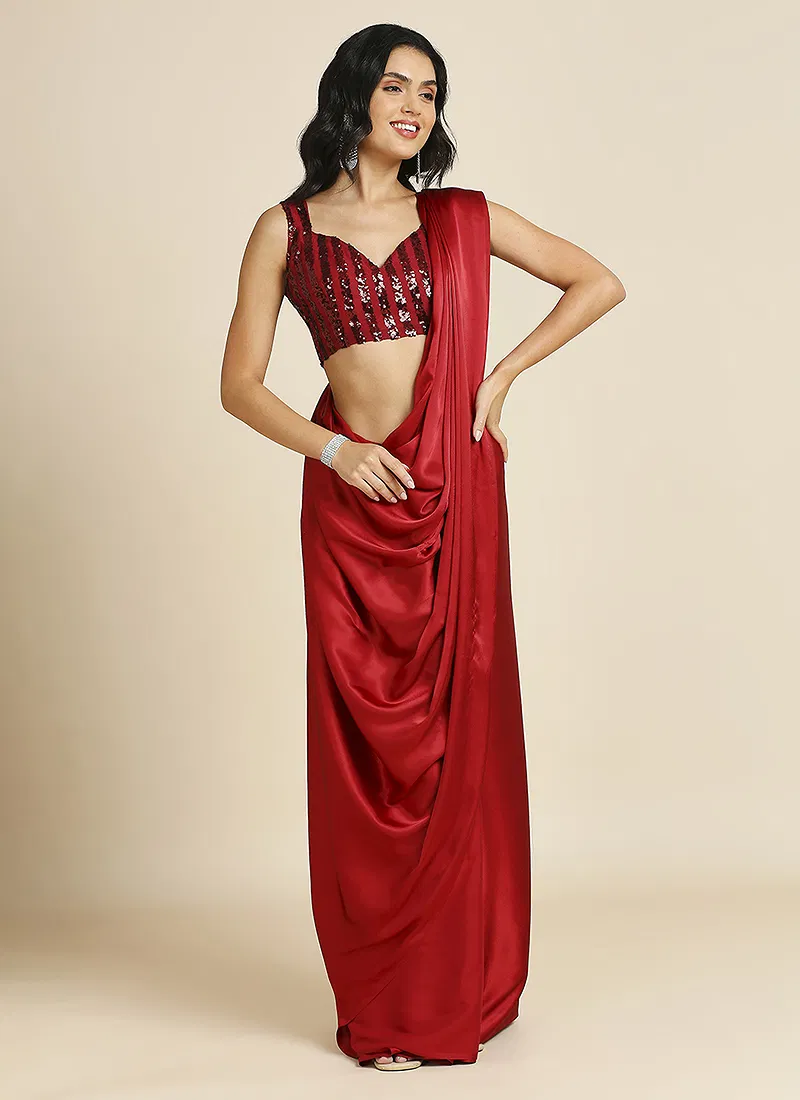 Red Silk Blend Saree With Lycra Sequins Unstitch Blouse