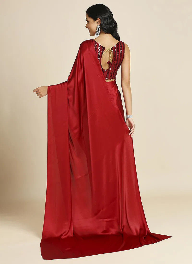 Red Silk Blend Saree With Lycra Sequins Unstitch Blouse