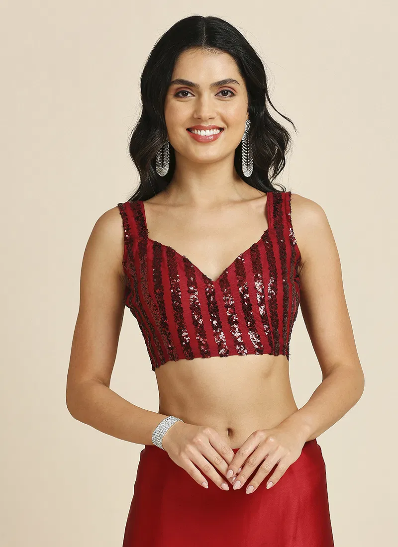 Red Silk Blend Saree With Lycra Sequins Unstitch Blouse