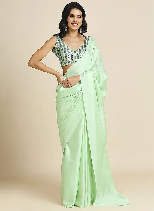 Sea Green Silk Blend Saree With Lycra Sequins Unstitch Blouse