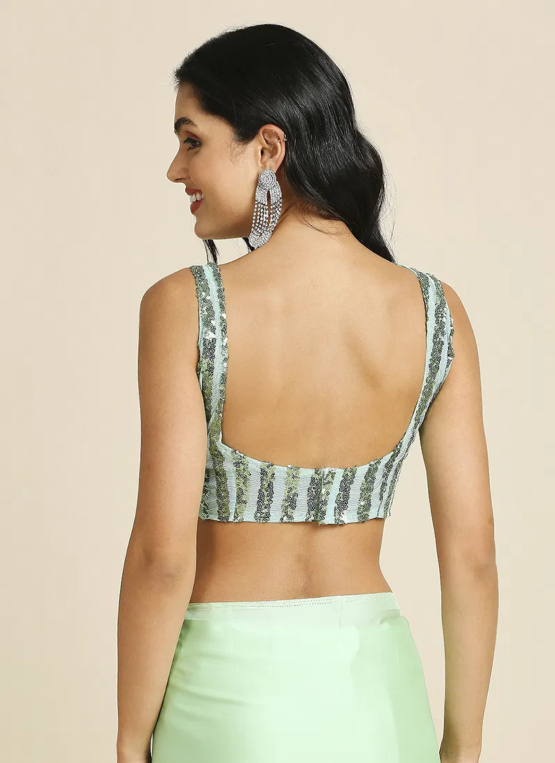 Sea Green Silk Blend Saree With Lycra Sequins Unstitch Blouse