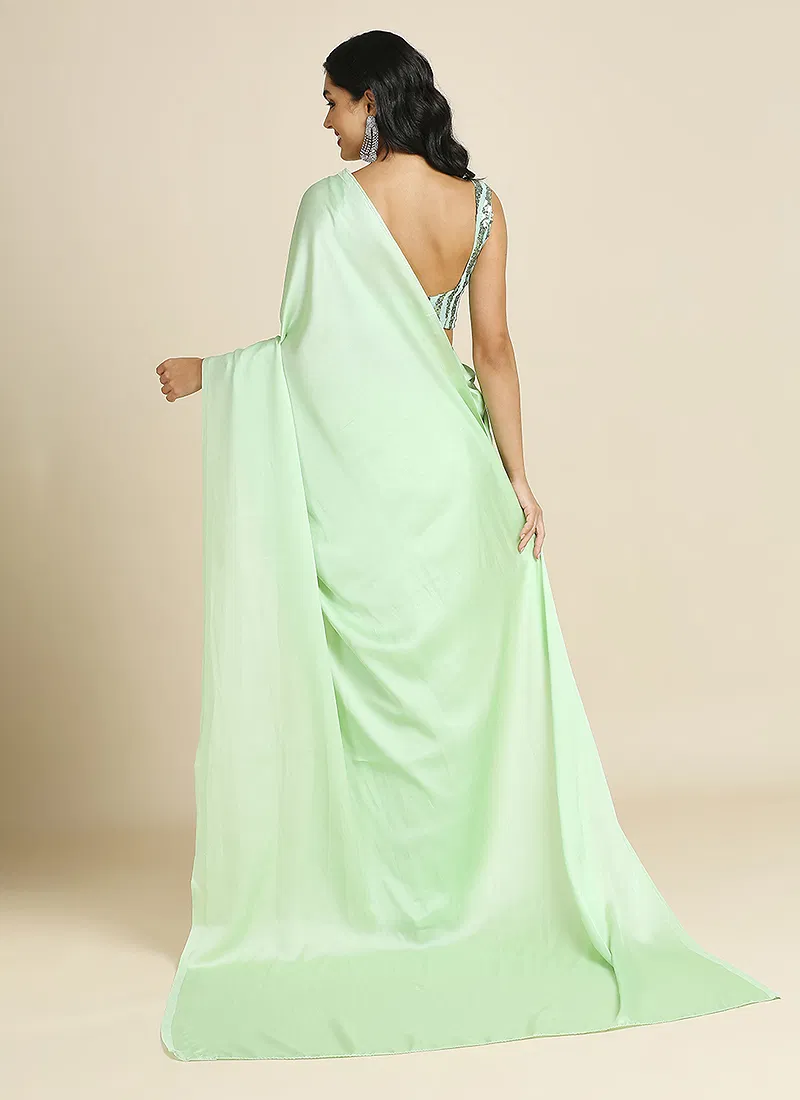 Sea Green Silk Blend Saree With Lycra Sequins Unstitch Blouse