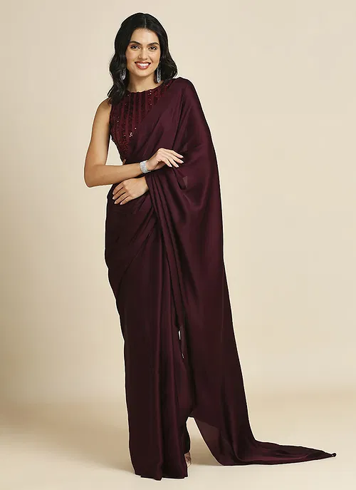 Wine Silk Blend Saree With Lycra Sequins Unstitch Blouse