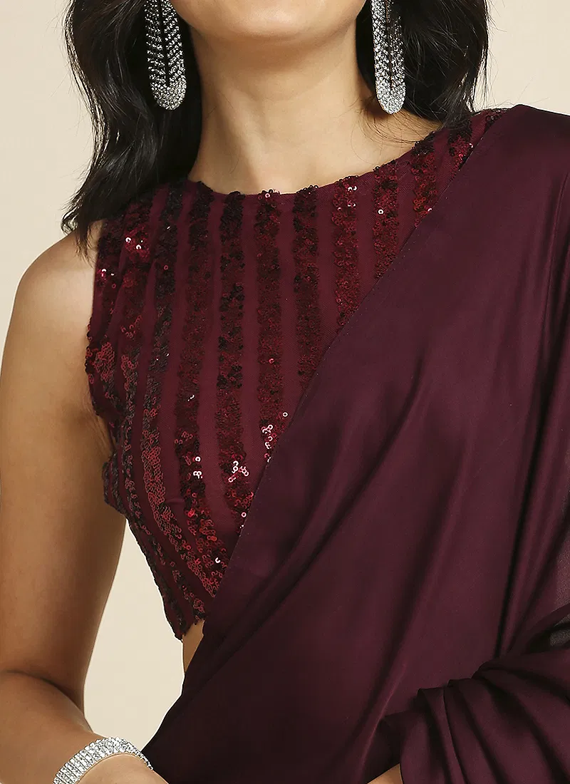 Wine Silk Blend Saree With Lycra Sequins Unstitch Blouse
