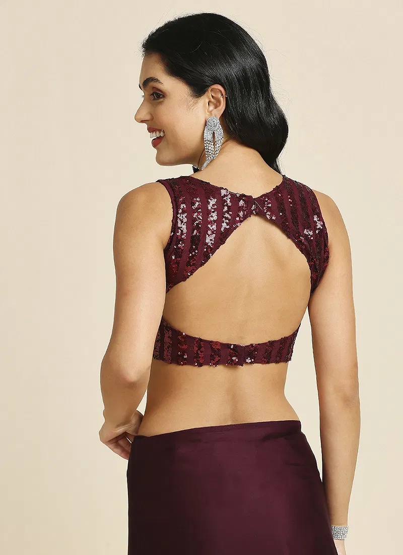 Wine Silk Blend Saree With Lycra Sequins Unstitch Blouse