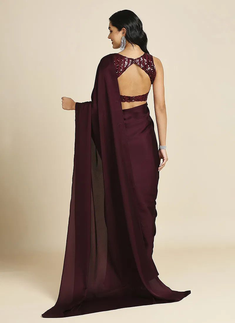 Wine Silk Blend Saree With Lycra Sequins Unstitch Blouse