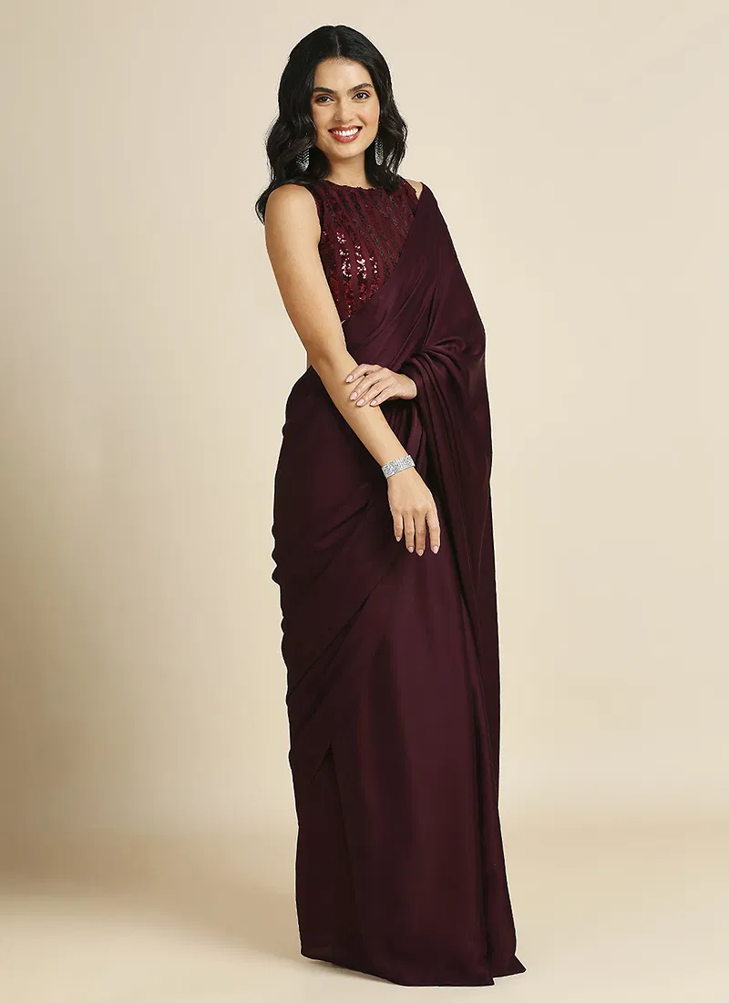 Wine Silk Blend Saree With Lycra Sequins Unstitch Blouse