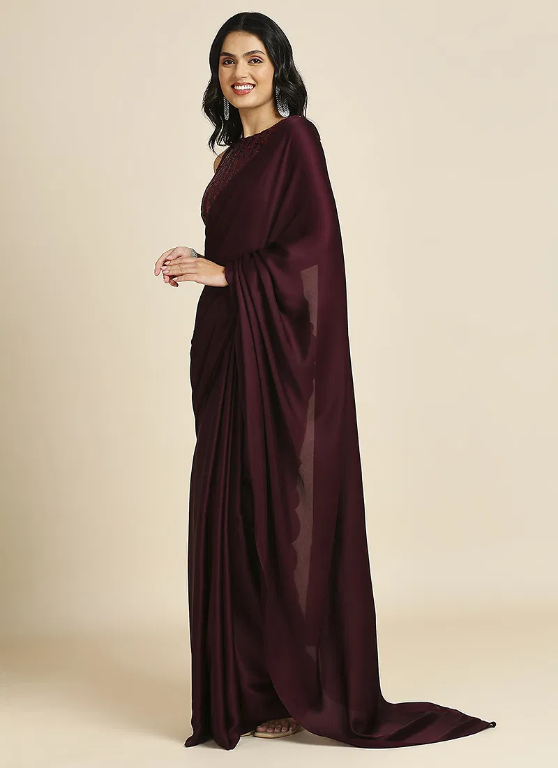 Wine Silk Blend Saree With Lycra Sequins Unstitch Blouse