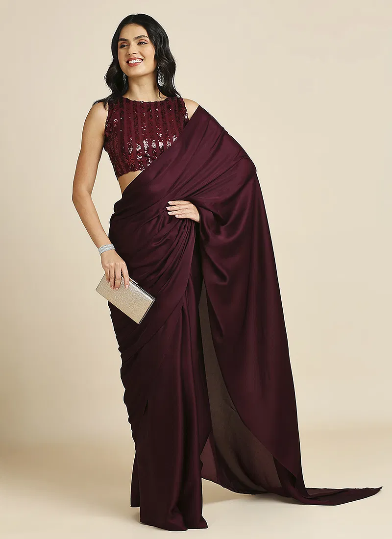 Wine Silk Blend Saree With Lycra Sequins Unstitch Blouse
