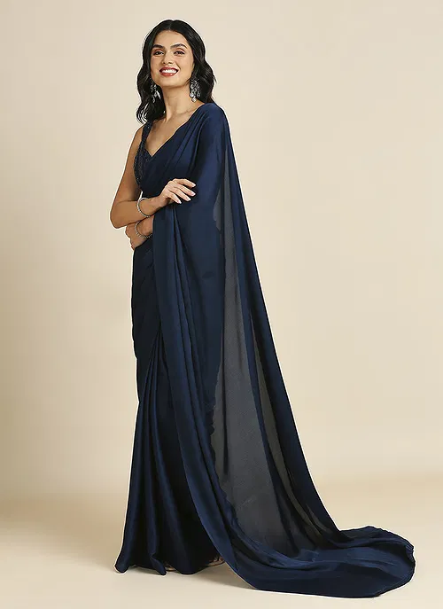 Navy Blue Silk Blend Saree With Lycra Sequins Unstitch Blouse