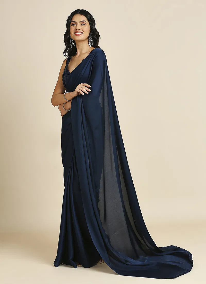 Navy Blue Silk Blend Saree With Lycra Sequins Unstitch Blouse