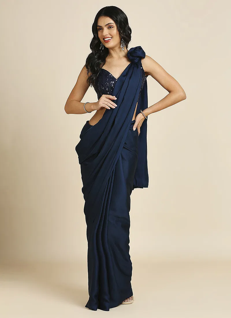 Navy Blue Silk Blend Saree With Lycra Sequins Unstitch Blouse