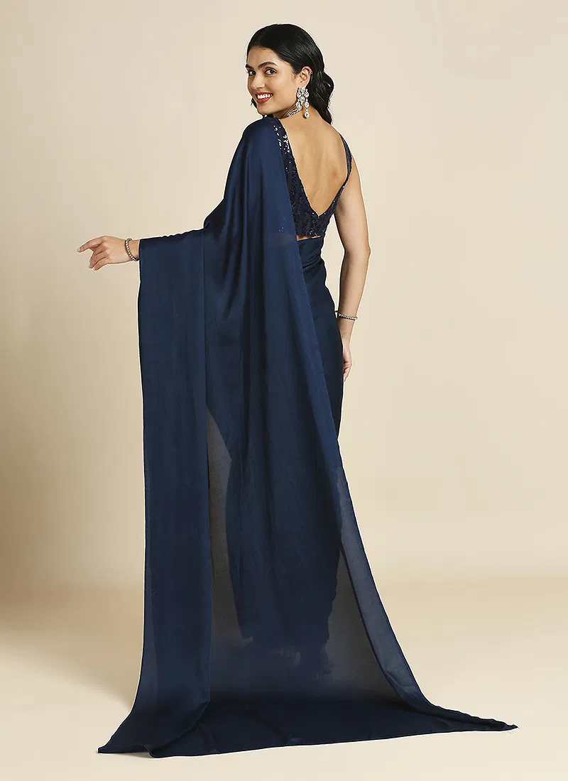 Navy Blue Silk Blend Saree With Lycra Sequins Unstitch Blouse