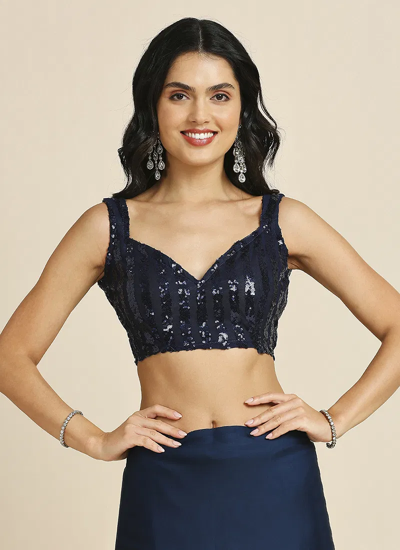 Navy Blue Silk Blend Saree With Lycra Sequins Unstitch Blouse