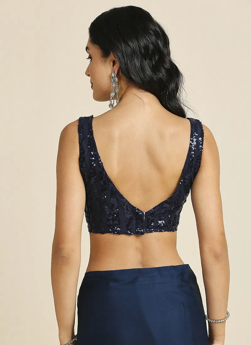 Navy Blue Silk Blend Saree With Lycra Sequins Unstitch Blouse