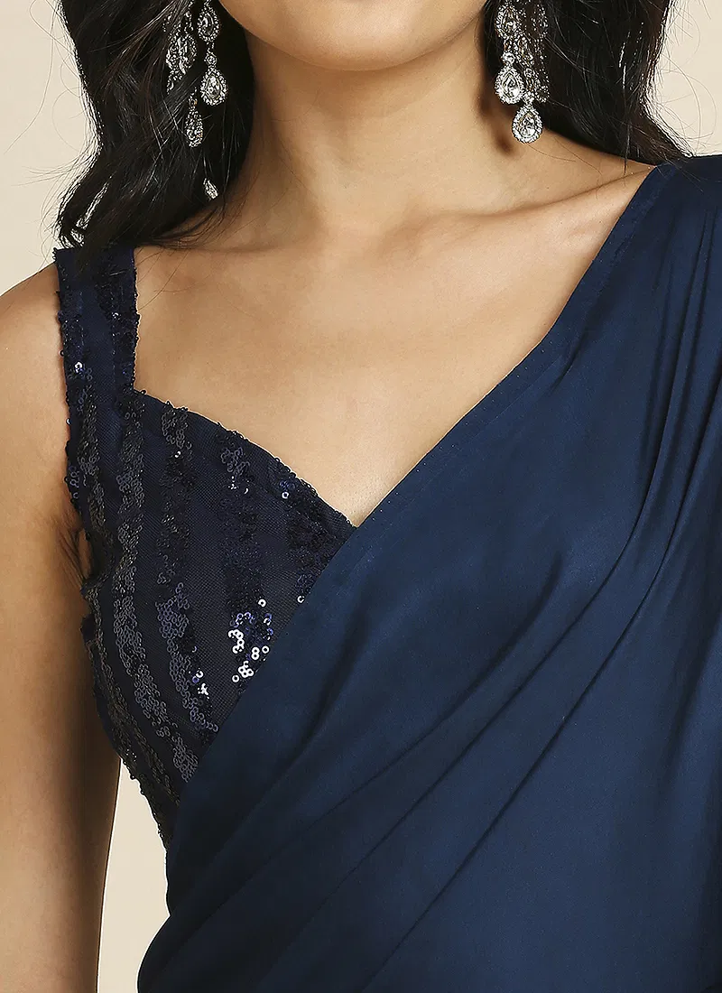 Navy Blue Silk Blend Saree With Lycra Sequins Unstitch Blouse