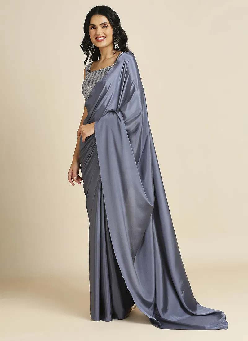 Grey Silk Blend Saree With Lycra Sequins Unstitch Blouse