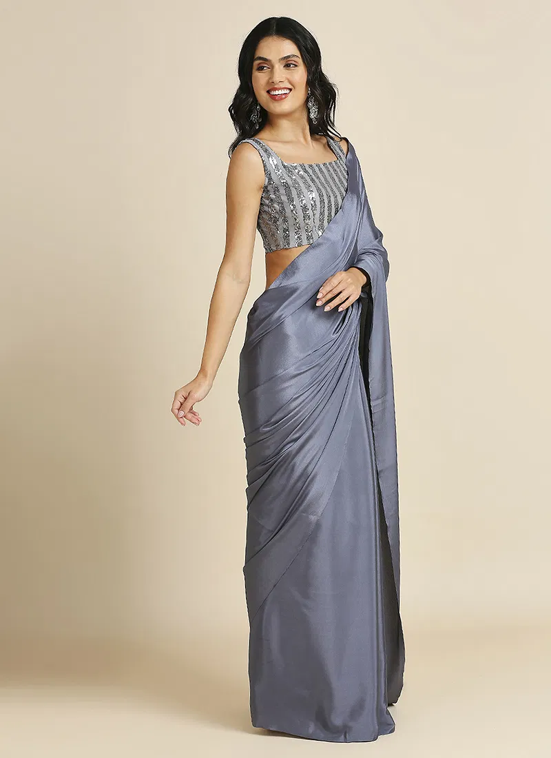 Grey Silk Blend Saree With Lycra Sequins Unstitch Blouse