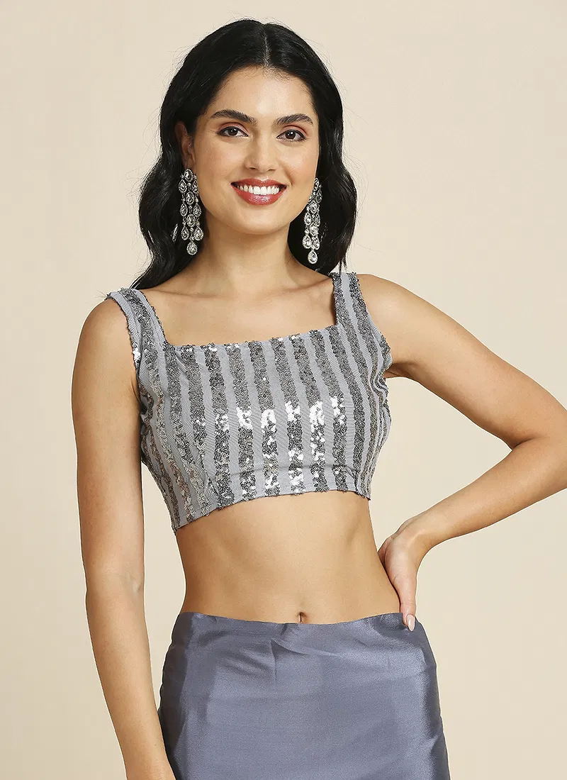 Grey Silk Blend Saree With Lycra Sequins Unstitch Blouse