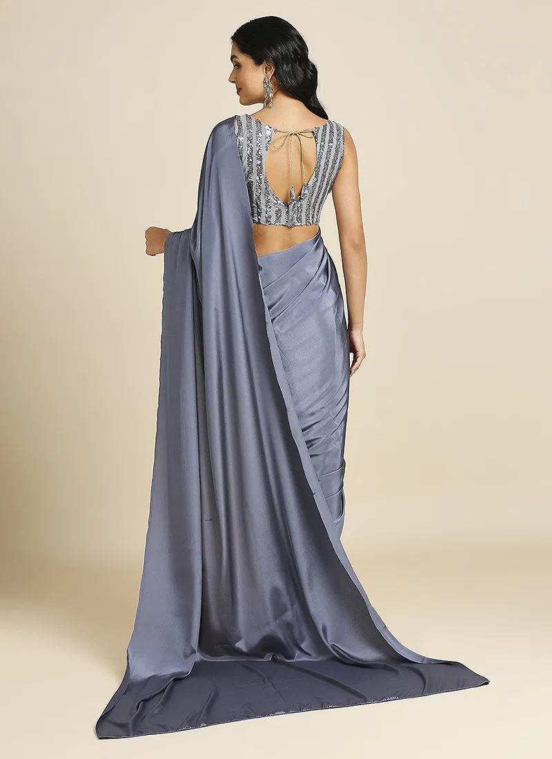 Grey Silk Blend Saree With Lycra Sequins Unstitch Blouse