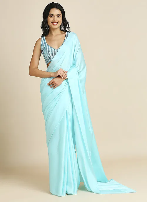Sky Blue Silk Blend Saree With Lycra Sequins Unstitch Blouse