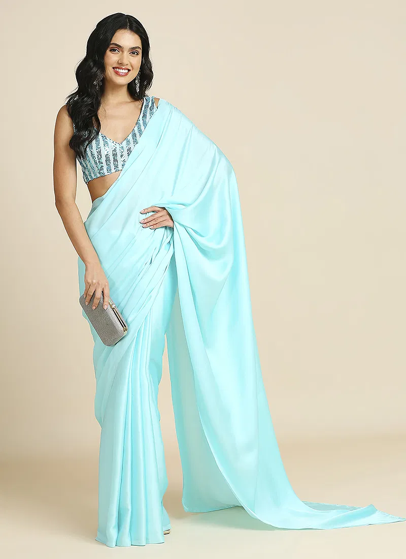 Sky Blue Silk Blend Saree With Lycra Sequins Unstitch Blouse