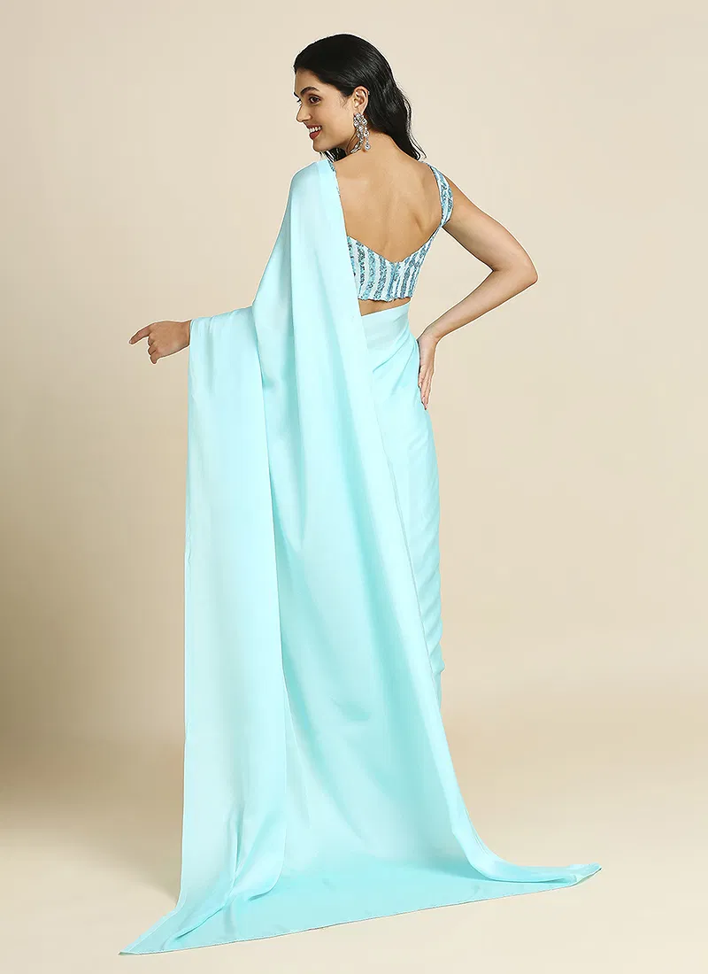 Sky Blue Silk Blend Saree With Lycra Sequins Unstitch Blouse