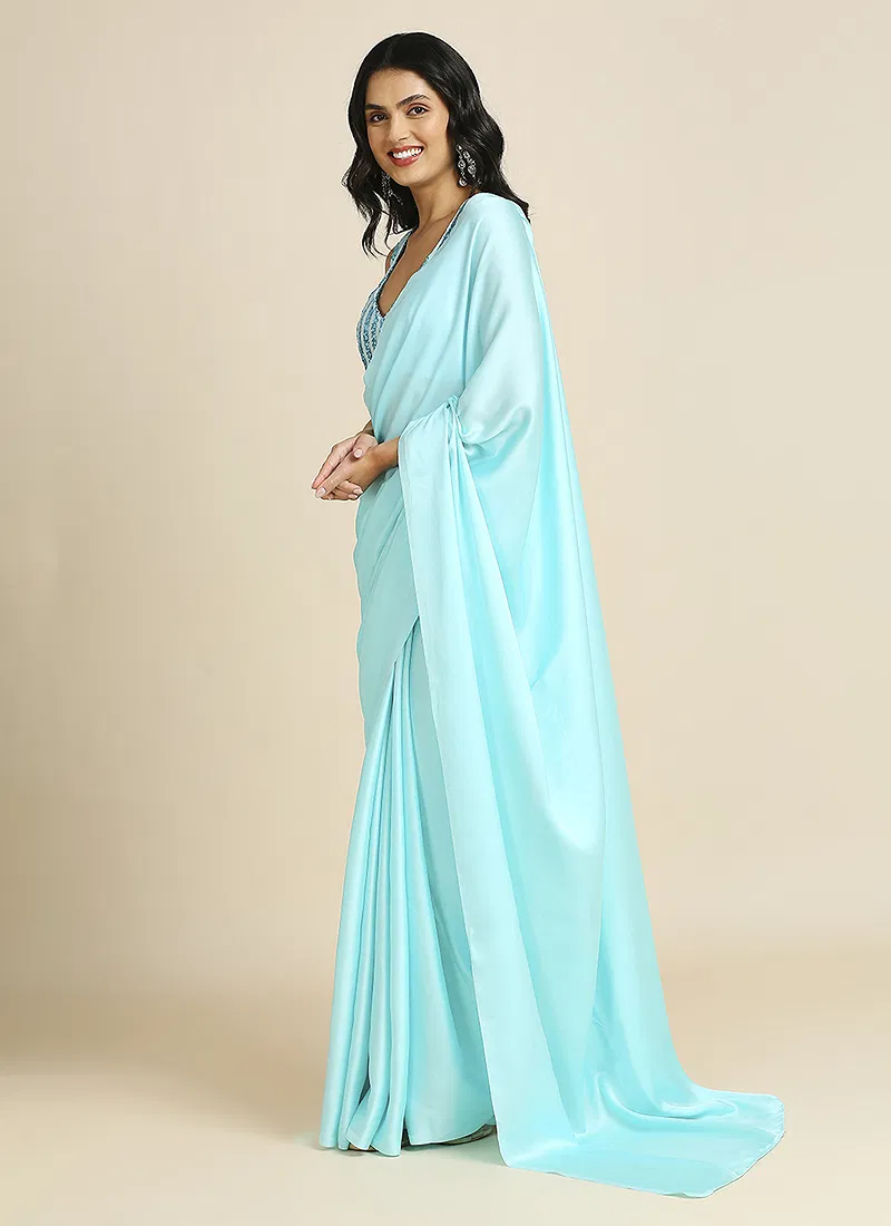 Sky Blue Silk Blend Saree With Lycra Sequins Unstitch Blouse