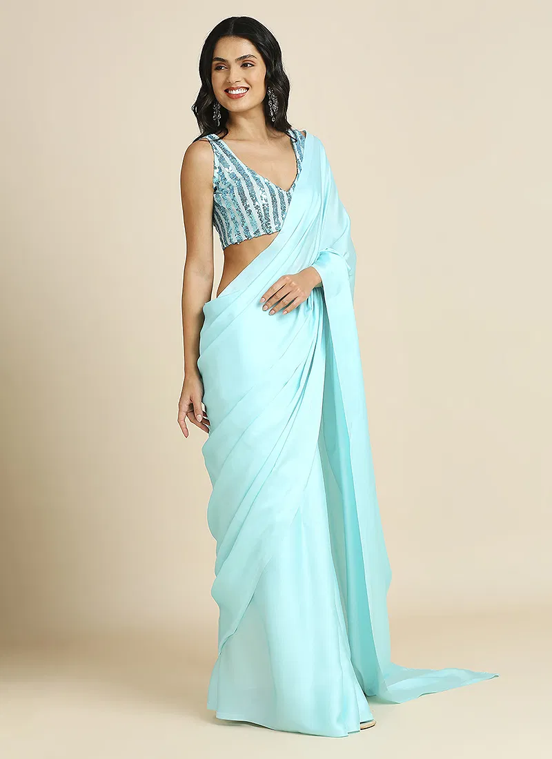 Sky Blue Silk Blend Saree With Lycra Sequins Unstitch Blouse